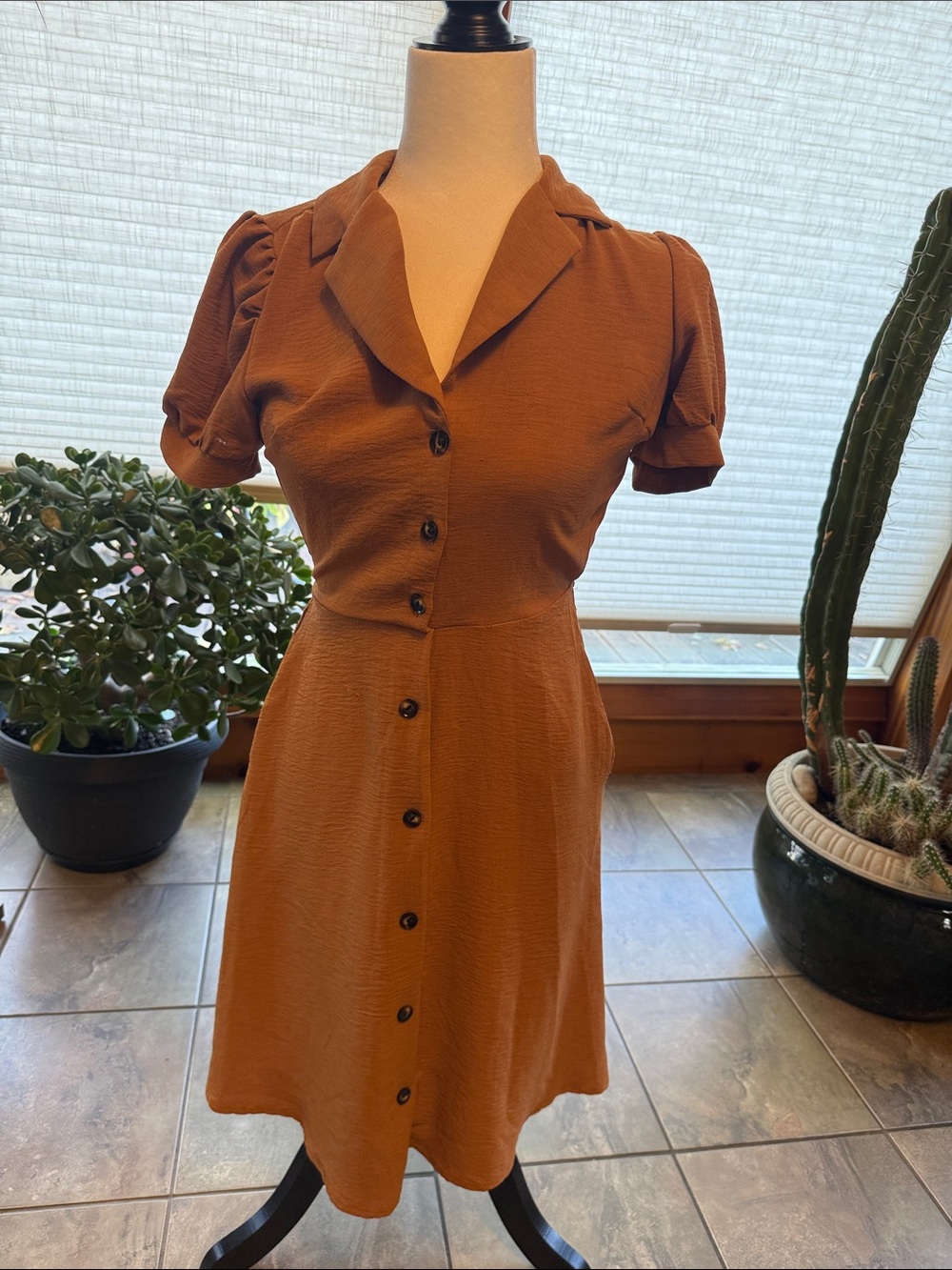 Monteau Rust Button-Front Midi Dress with pockets